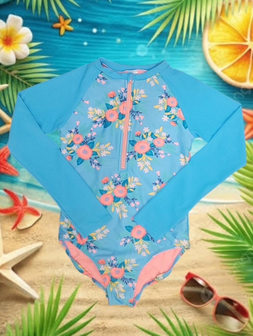 Cat & Jack Girl's Blue Floral Long-Sleeve One-Piece Swimsuit
